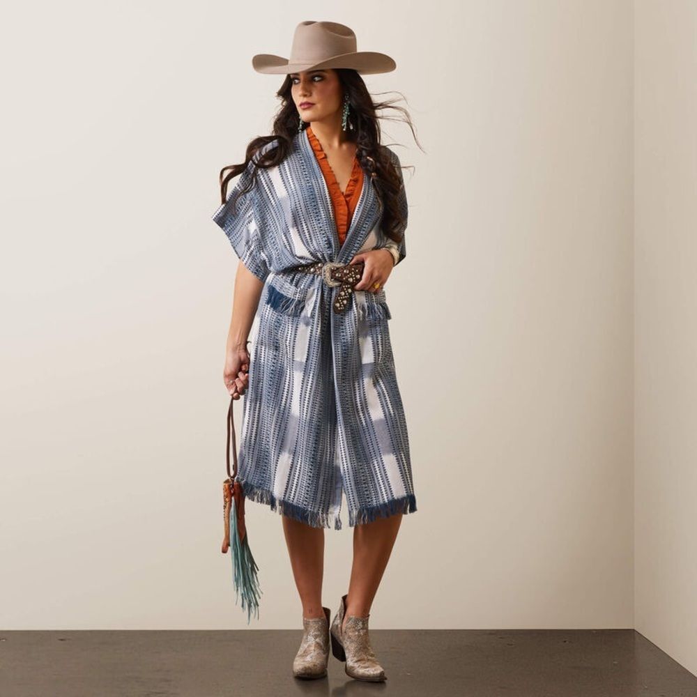 Ariat NEW Lauren Boho Western Duster Kimono Wrap Fringe Aztec Indigo Indie M/L